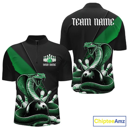 Front and back black mens bowling quarter-zip featuring a green cobra coiled around a bowling ball with scattered pins.