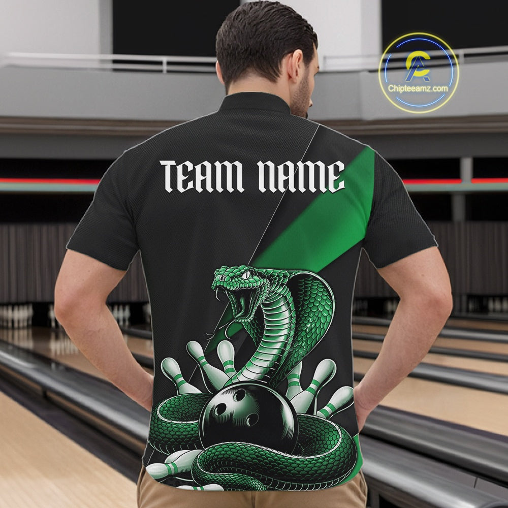 Front view of a black mens quarter-zip displaying a green cobra wrapped around a bowling ball with scattered pins.