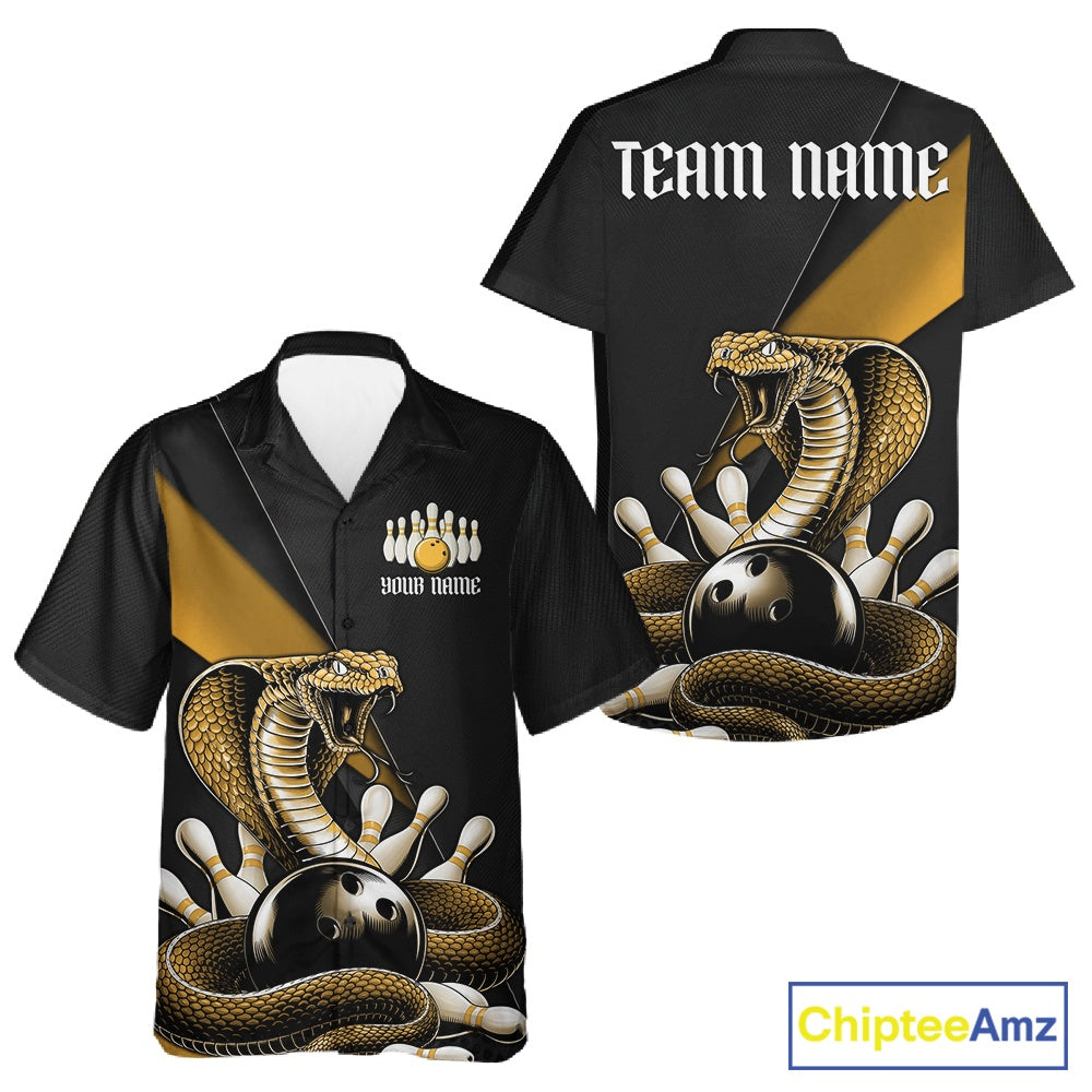 Black button-up bowling shirt featuring a yellow cobra wrapped around a bowling ball with scattered pins.