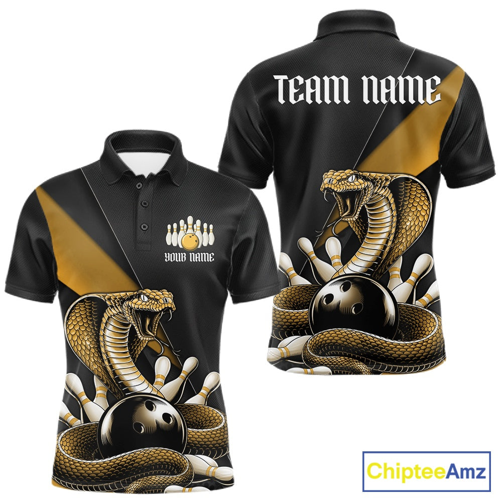 Front and back black mens bowling polo featuring a yellow cobra coiled around a bowling ball with scattered bowling pins.