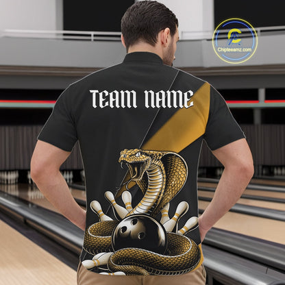 Front view of a black mens quarter-zip displaying a yellow cobra wrapped around a bowling ball with scattered pins.