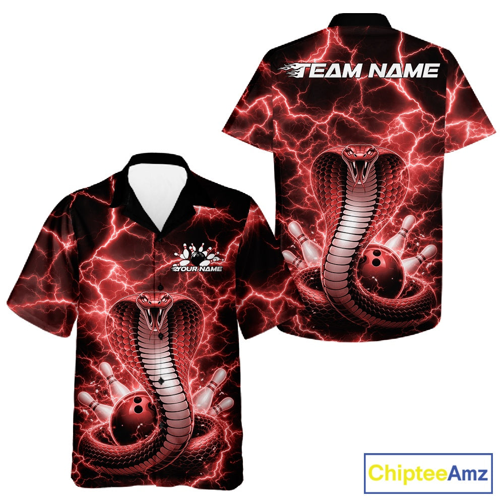 Front and back button-up bowling shirt with red cobra and bowling ball artwork against lightning effects.