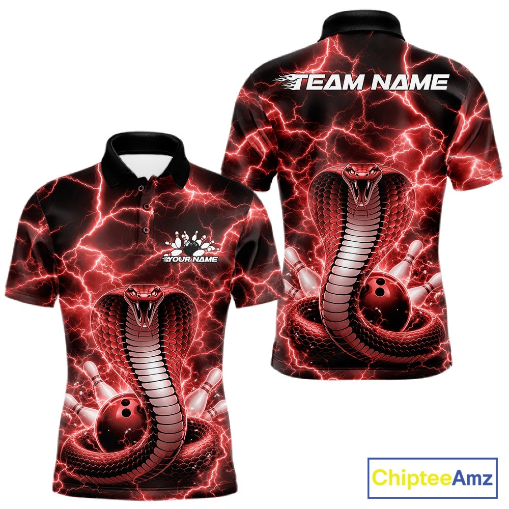 Front and back mens bowling polo featuring a red cobra coiled around a bowling ball with striking lightning background graphics.