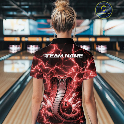 Back view of a womens bowling quarter-zip displaying a red cobra wrapped around a bowling ball with lightning details.