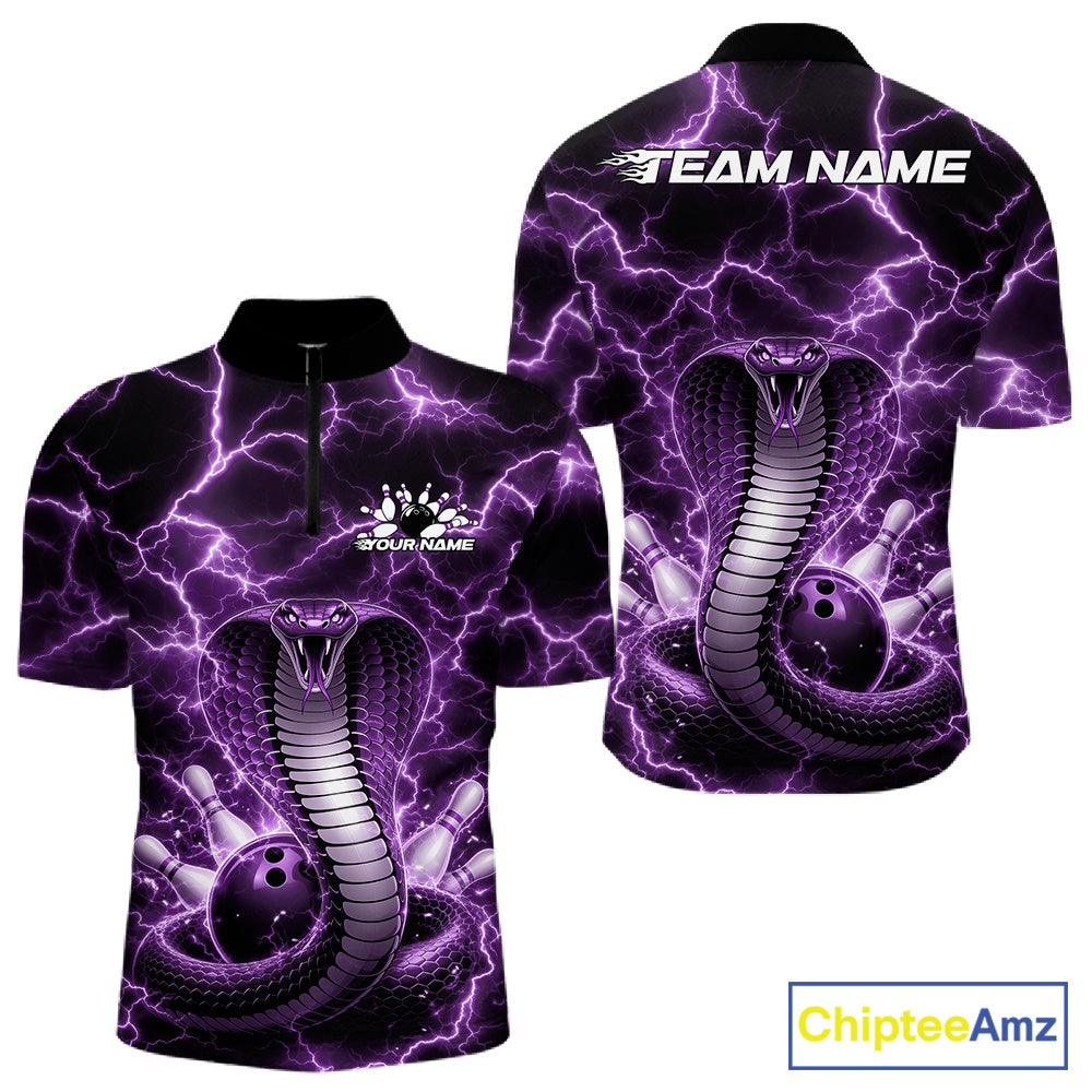 Front and back mens bowling quarter-zip featuring a purple cobra coiled around a bowling ball with lightning background artwork.