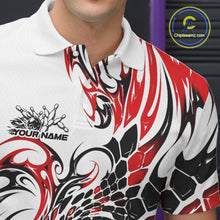 Load image into Gallery viewer, Close-up of the left chest on a white bowling polo shirt with red and black tribal accents, scale-inspired textures, and a red bowling ball illustration