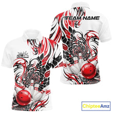 Load image into Gallery viewer, Front and back mockup of a mens white bowling polo shirt featuring red and black tribal graphics, textured scale patterns, and bowling-themed artwork
