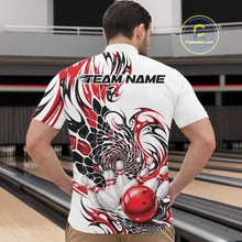 Load image into Gallery viewer, Front view of a male model wearing a white bowling quarter-zip featuring red and black tribal accents, textured patterns, and bowling pin artwork