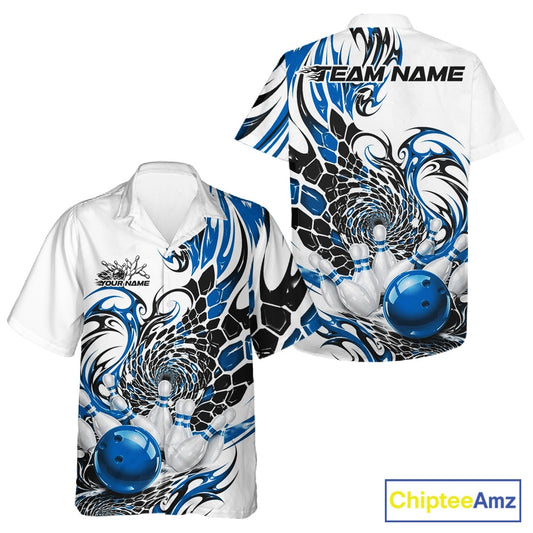 Front and back button-up bowling shirt mockup in white with blue and black tribal honeycomb artwork and a glossy red bowling ball striking pins