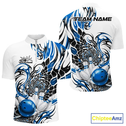 Mens white bowling quarter zip shirt mockup shown from front and back with blue and black tribal scale graphics and a glossy red bowling strike motif
