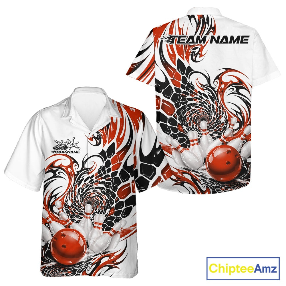 Front and back mockup of a white button-up bowling shirt decorated with orange and black tribal artwork, honeycomb-inspired textures, and a red bowling ball graphic