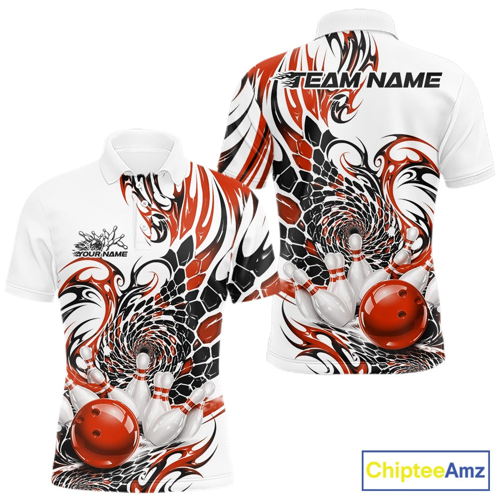 Front and back mockup of a mens white bowling polo shirt with orange and black tribal graphics and a glossy red bowling ball illustration