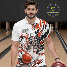 Load image into Gallery viewer, Front view of a male model wearing a white bowling polo shirt with orange and black tribal graphics and a glossy red bowling strike scene