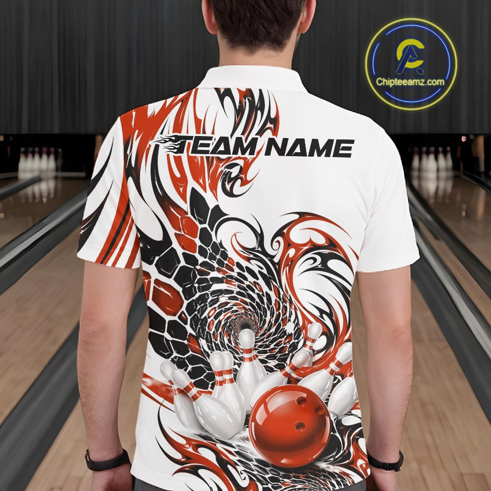 Back view of a male model wearing a white bowling polo shirt with orange and black tribal graphics and a glossy red bowling ball striking pins