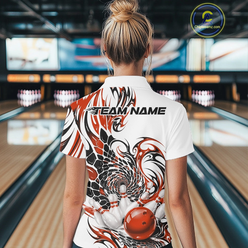 White bowling polo shirt shown from the back on a female model, showcasing orange and black tribal accents, textured scale motifs, and bowling pin imagery