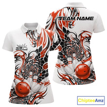Load image into Gallery viewer, Womens white bowling polo shirt mockup shown from front and back with orange and black tribal accents and a glossy red bowling ball design
