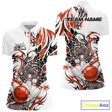 Load image into Gallery viewer, Front and back view of a womens white bowling quarter-zip featuring orange and black tribal artwork and a glossy red bowling ball scene