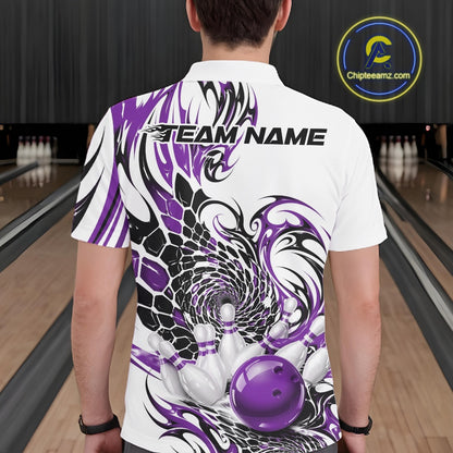 Back view of a male model wearing a white bowling polo with purple and black tribal scale artwork and a glossy red bowling ball striking pins at the bowling lane