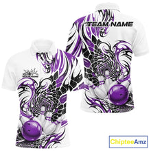 Load image into Gallery viewer, Mens white bowling polo shirt mockup shown from front and back with purple and black tribal patterns and a red bowling strike design
