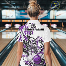 Load image into Gallery viewer, Back view of a womens white quarter-zip bowling shirt highlighting purple and black tribal designs, textured patterns, and bowling imagery