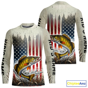 Custom Patriotic US Flag Walleye Kid Long Sleeve Fishing Shirts, Walleye Fishing Jerseys IPHW9216