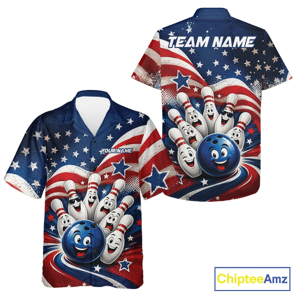 Front and back view of a button-up bowling shirt mockup featuring a funny bowling ball surrounded by cheerful animated pins with flowing American flag waves and scattered stars.