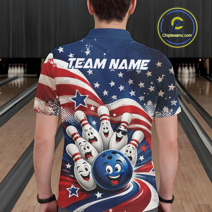 Back view of a male model wearing a bowling polo shirt featuring a funny bowling ball surrounded by cheerful animated pins with flowing American flag waves and scattered stars in a bowling lane.