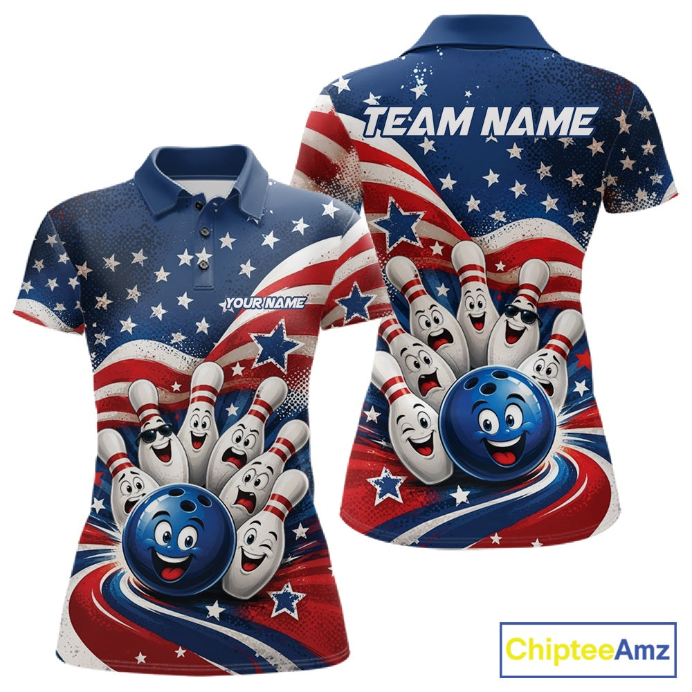 Front and back view of a women's bowling polo shirt mockup showcasing a funny bowling ball surrounded by cheerful animated pins with flowing American flag waves and scattered stars.