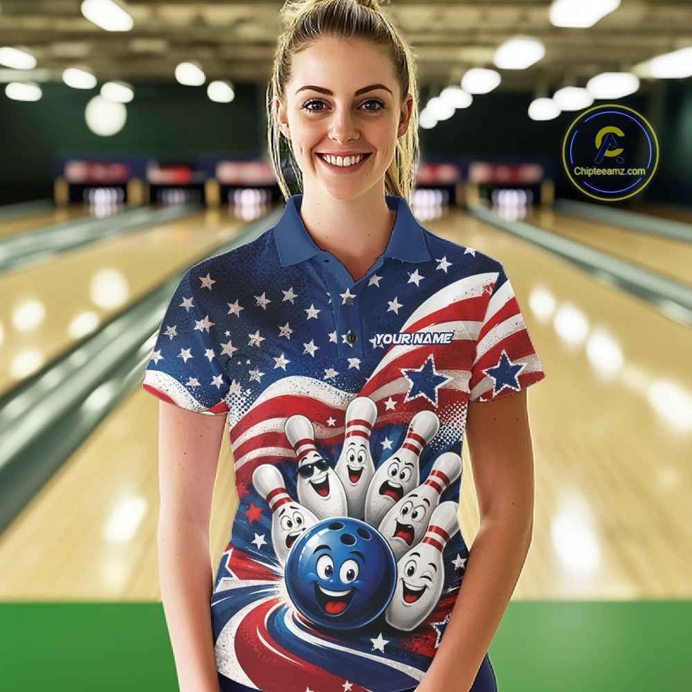 Front view of a female model wearing a bowling polo shirt featuring a funny bowling ball surrounded by cheerful animated pins with flowing American flag waves and scattered stars in a bowling lane.