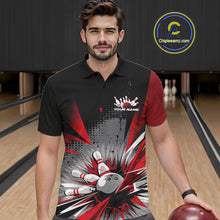 Load image into Gallery viewer, Custom Black And Red Grunge Bowling Ball And Pins Explosion Team Polo Shirts For Men IPHW9547
