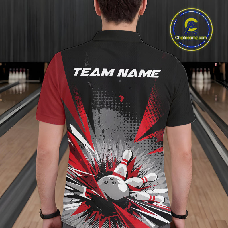 Custom Black And Red Grunge Bowling Ball And Pins Explosion Team Polo Shirts For Men IPHW9547