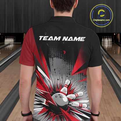 Custom Black And Red Grunge Bowling Ball And Pins Explosion Team Polo Shirts For Men IPHW9547