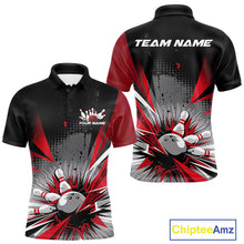 Load image into Gallery viewer, Custom Black And Red Grunge Bowling Ball And Pins Explosion Team Polo Shirts For Men IPHW9547