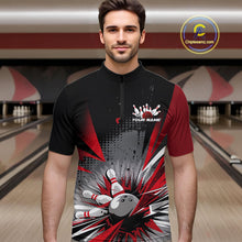 Load image into Gallery viewer, Custom Black And Red Grunge Bowling Ball And Pins Explosion Team Quarter-Zip Shirts For Men IPHW9547