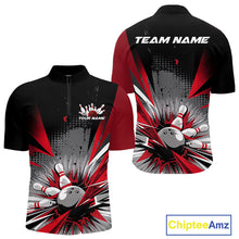 Load image into Gallery viewer, Custom Black And Red Grunge Bowling Ball And Pins Explosion Team Quarter-Zip Shirts For Men IPHW9547