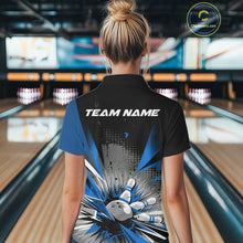 Load image into Gallery viewer, Custom Black And Blue Grunge Bowling Ball And Pins Explosion Team Polo Shirts For Women IPHW9548