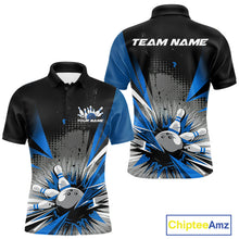 Load image into Gallery viewer, Custom Black And Blue Grunge Bowling Ball And Pins Explosion Team Polo Shirts For Men IPHW9548