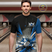 Load image into Gallery viewer, Custom Black And Blue Grunge Bowling Ball And Pins Explosion Team Quarter-Zip Shirts For Men IPHW9548