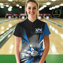 Load image into Gallery viewer, Custom Black And Blue Grunge Bowling Ball And Pins Explosion Team Women Quarter-Zip Shirt IPHW9548
