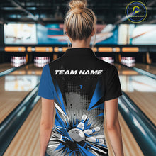 Load image into Gallery viewer, Custom Black And Blue Grunge Bowling Ball And Pins Explosion Team Women Quarter-Zip Shirt IPHW9548