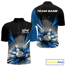 Load image into Gallery viewer, Custom Black And Blue Grunge Bowling Ball And Pins Explosion Team Quarter-Zip Shirts For Men IPHW9548