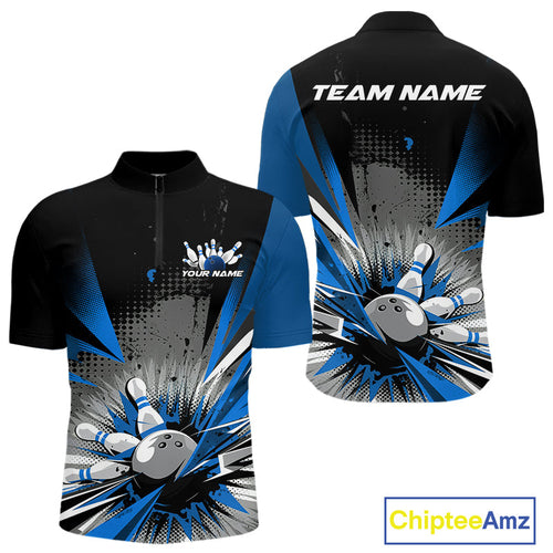 Custom Black And Blue Grunge Bowling Ball And Pins Explosion Team Quarter-Zip Shirts For Men IPHW9548