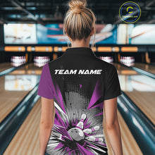 Load image into Gallery viewer, Custom Black And Purple Grunge Bowling Ball And Pins Explosion Team Polo Shirts For Women IPHW9549
