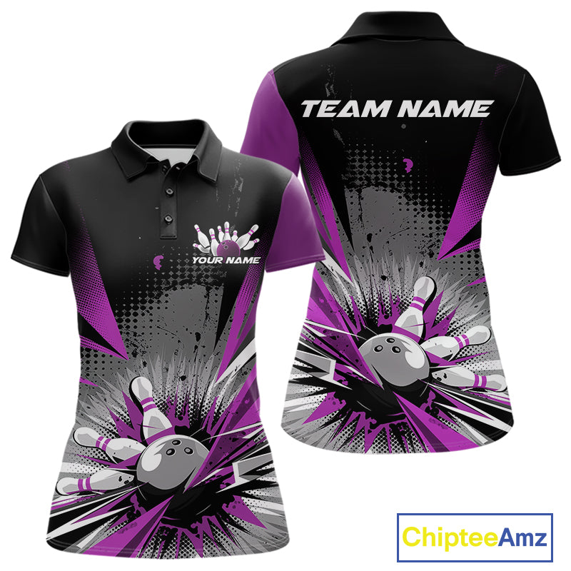 Custom Black And Purple Grunge Bowling Ball And Pins Explosion Team Polo Shirts For Women IPHW9549
