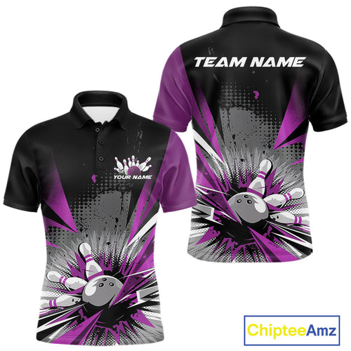 Custom Black And Purple Grunge Bowling Ball And Pins Explosion Team Polo Shirts For Men IPHW9549