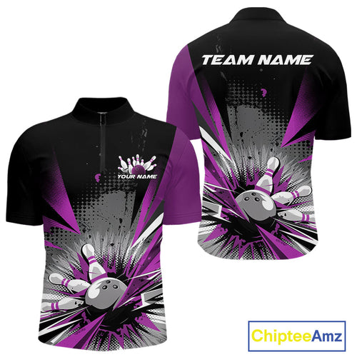 Custom Black And Purple Grunge Bowling Ball And Pins Explosion Team Quarter-Zip Shirts For Men IPHW9549