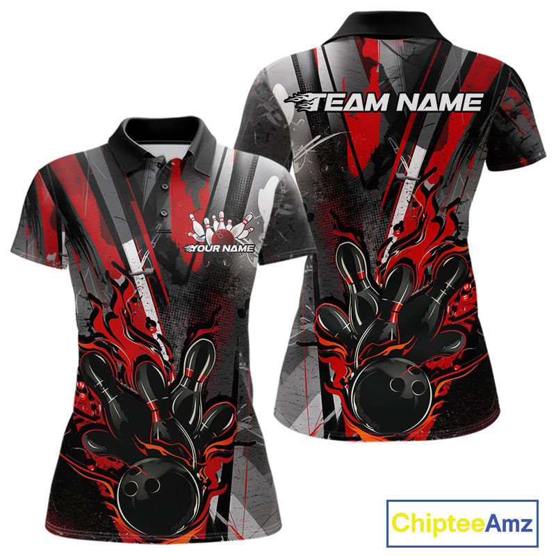 Custom Grunge Black And Red Fire Flame Bowling Women Polo Shirt, Bowling Team Uniform IPHW9555