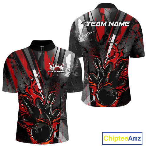 Custom Grunge Black And Red Fire Flame Bowling Quarter-Zip Shirts For Men, Bowling Team Uniform IPHW9555
