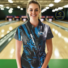 Load image into Gallery viewer, Custom Grunge Black And Blue Fire Flame Bowling Women Polo Shirt, Bowling Team Uniform IPHW9556