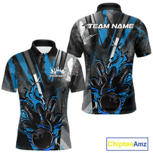 Load image into Gallery viewer, Custom Grunge Black And Blue Fire Flame Bowling Polo Shirts For Men, Bowling Team Uniform IPHW9556